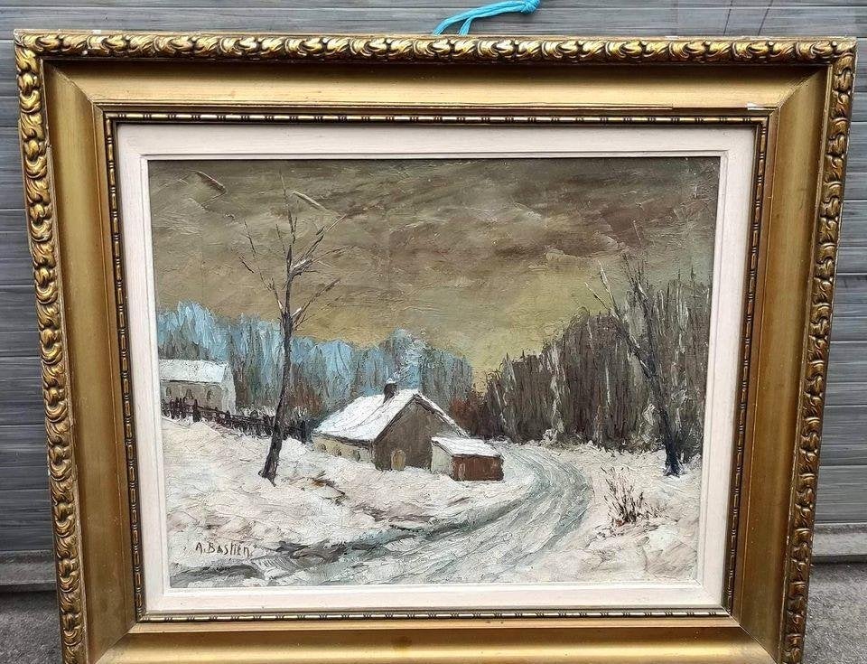 Huile sur toile chemin enneigé signe Alfred bastien, Ophalen of Verzenden, Doek