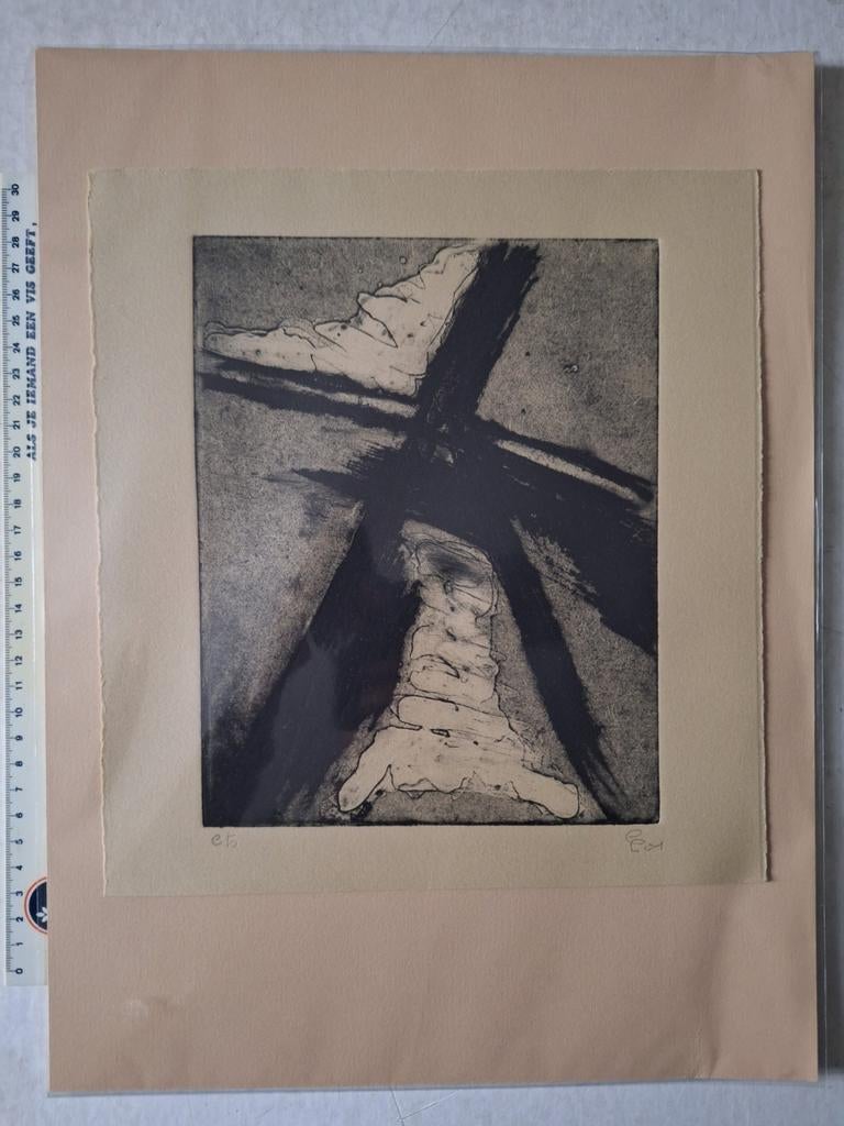 Ets Lieve Peeters "Lyrisch abstracte compositie" uit 2001, Antiek en Kunst, Kunst | Etsen en Gravures, Ets, Genummerd, Met monogram