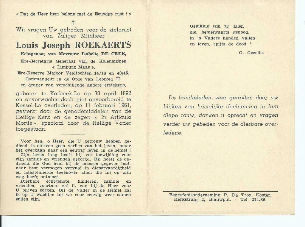 RP Louis Joseph Roekaerts 1892-1961 ere-reserve majoor, Verzenden, Rouwkaart