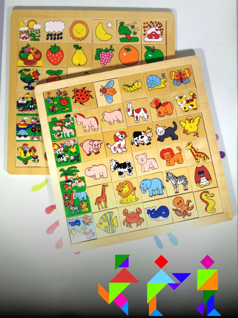 Set van 2 houten puzzels - Dieren en verschillende voorwerpe, 10 tot 50 stukjes, Ophalen of Verzenden, Zo goed als nieuw, Van hout