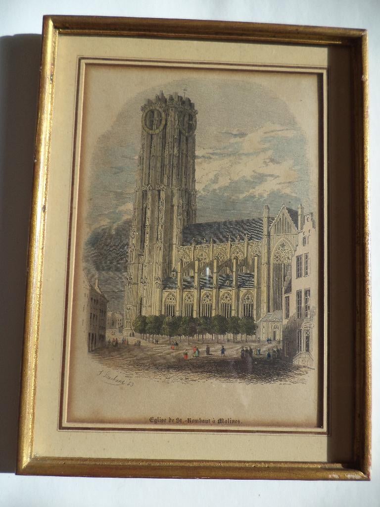 1843 F. Stroobant handgekleurde gravure Mechelen St Rombouts, Antiek en Kunst, Ophalen of Verzenden