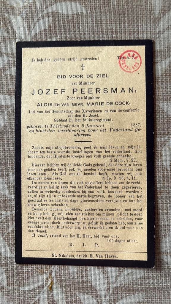 Bp Jozef Peersman gb te Thielrode gesneuveld tijdens oorlog, Verzamelen, Bidprentjes en Rouwkaarten, Verzenden