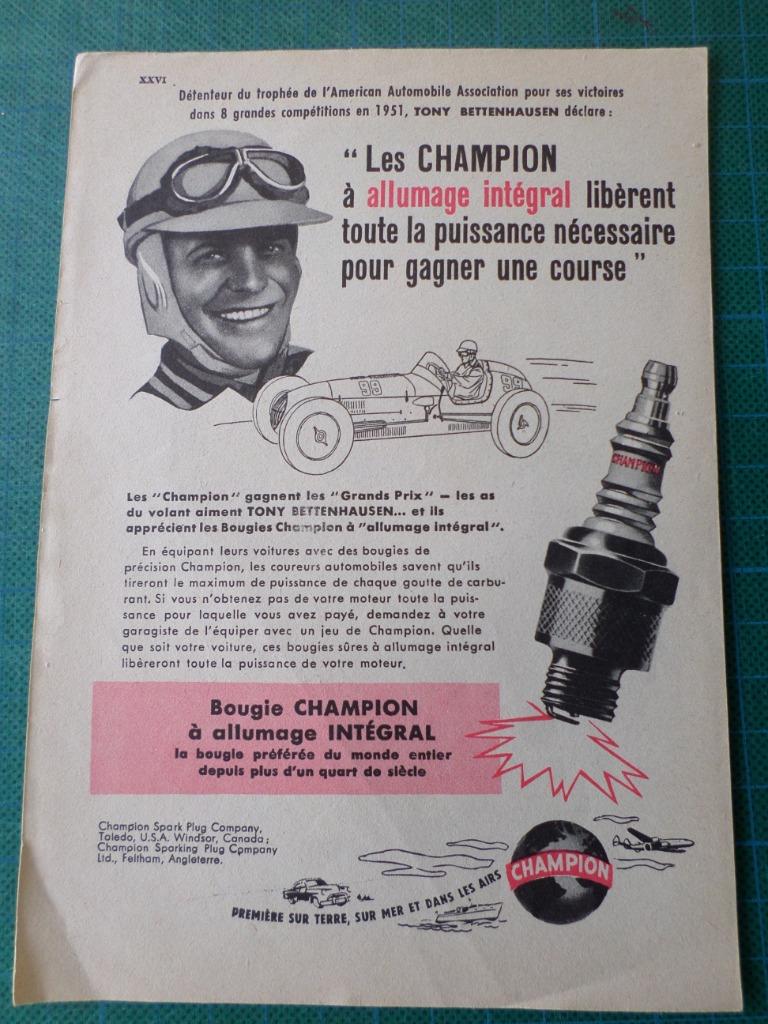 Tony Bettenhausen - bougies Champion - publ. papier - 1952, Verzamelen, Ophalen of Verzenden, Gebruikt, Overige typen