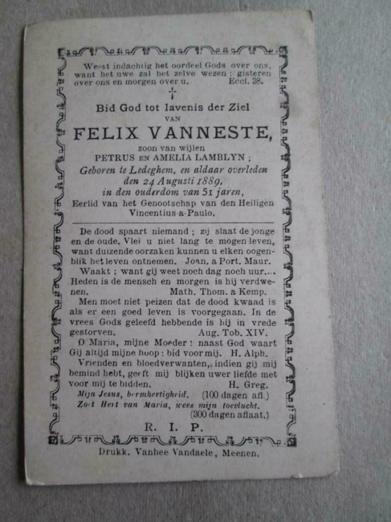 Rouwprentje 1889 (Ledegem), Verzamelen, Verzenden
