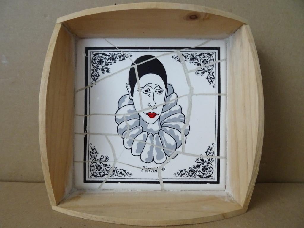 Curiosa houten Pierrot schaal schaaltje met tegel Pierrot, Antiek en Kunst, Ophalen of Verzenden