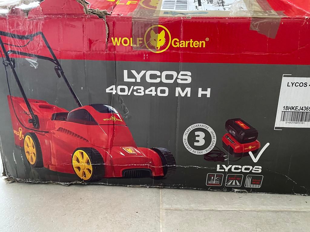 Wolf Garten Lycos 40/340 M H defect? – batterij + lader, Ophalen of Verzenden, Zo goed als nieuw, Accu-grasmaaier, Opvangzak
