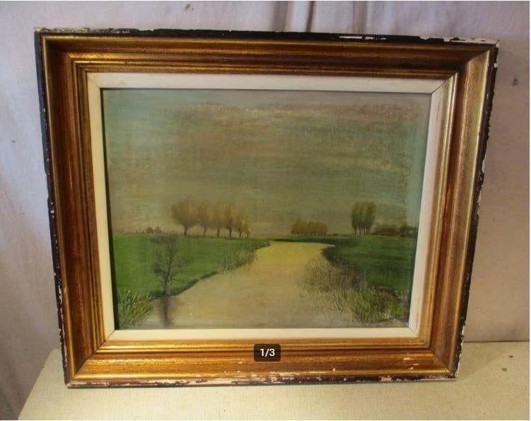 Mooi Oud Geschilderd Werk 'Rivier en platte land' - gesign, Antiek en Kunst, Ophalen of Verzenden