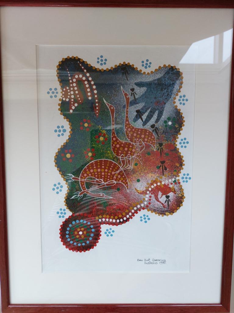 Aboriginal art dot painting Emu Hunt Dreaming schilderij op, Antiek en Kunst, Ophalen of Verzenden