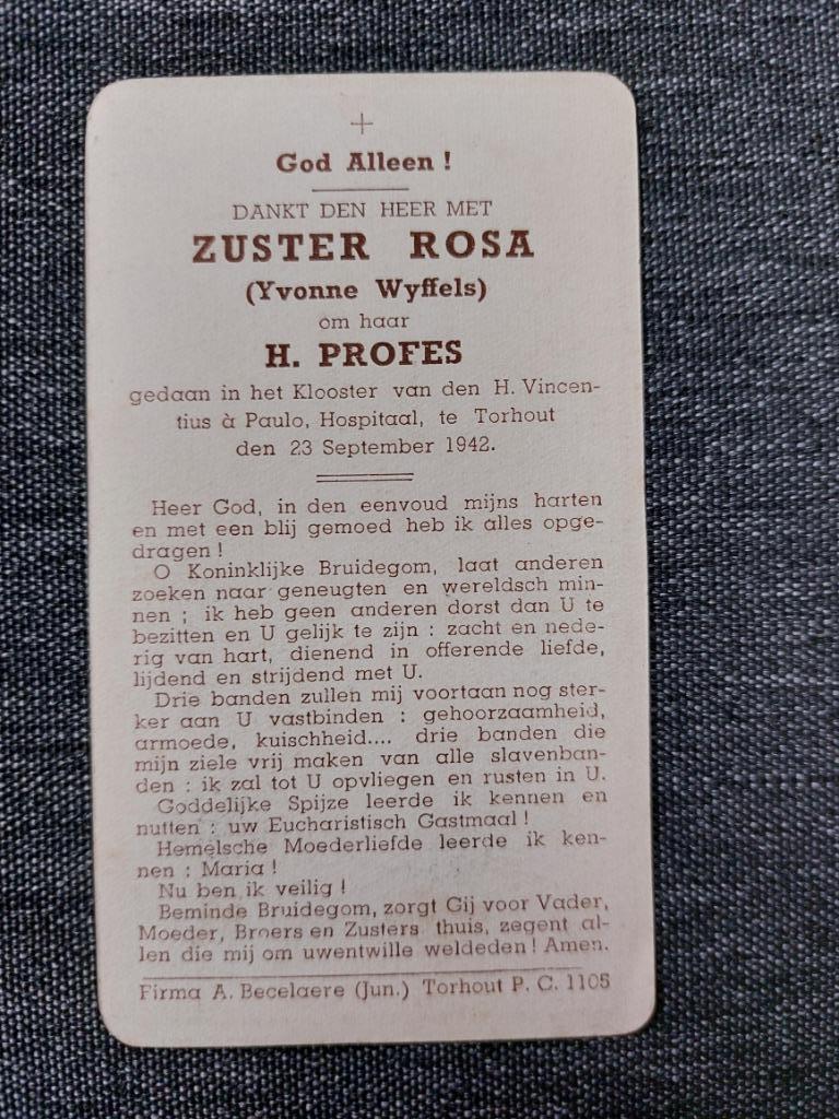 gedachtenisprentje kloostergeloften 1942 (Torhout), Verzamelen, Bidprentjes en Rouwkaarten, Verzenden