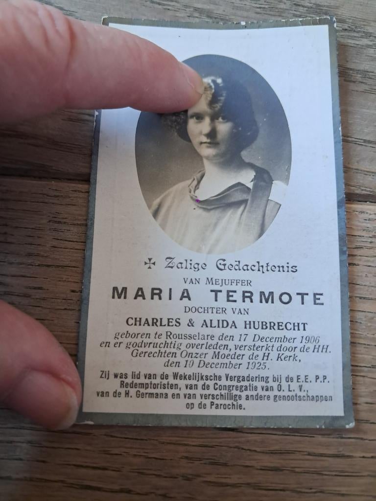 Jeune fille Bo : Maria Termote, Roeselare 1906-1925, Enlèvement ou Envoi