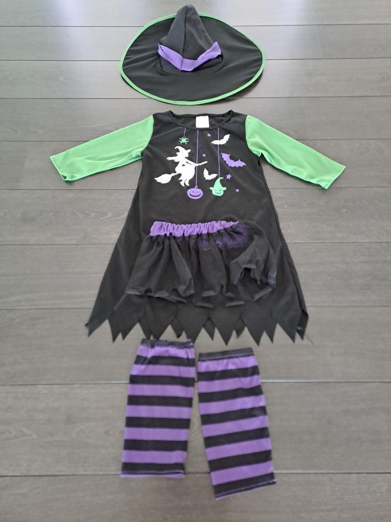 Heksen kostuum met hoed en heksenneus maat 122/128, Ophalen, Zo goed als nieuw, 122 t/m 128, Meisje
