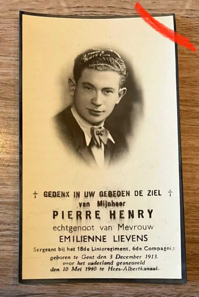 Pierre Henry 18de Linie 10 mei 1940 Hees Albertkanaal, Verzamelen, Bidprentjes en Rouwkaarten, Ophalen of Verzenden, Bidprentje