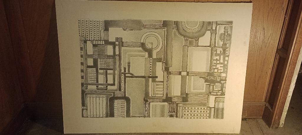 Industriële tekening gesigneerd Serge Montegnies, 95x70,n575, Ophalen, Tekening, Gesigneerd