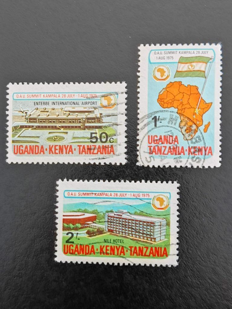 Kenya-Tanz-Uganda 1975 - landkaart, vlag, luchthaven, hotel, Ophalen of Verzenden, Gestempeld
