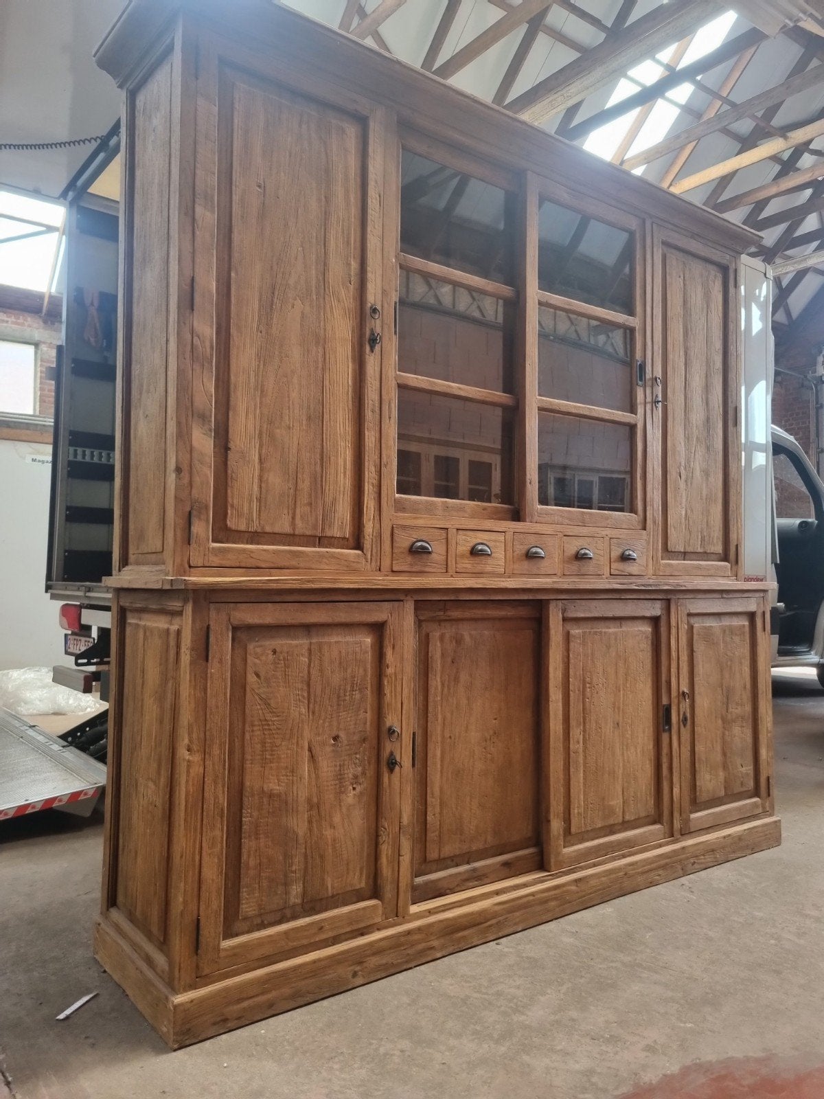 Teak buffetkast/vitrinekast GRATIS LEVERING, Huis en Inrichting, Kasten | Buffetkasten, Ophalen, Met deur(en), 200 cm of meer