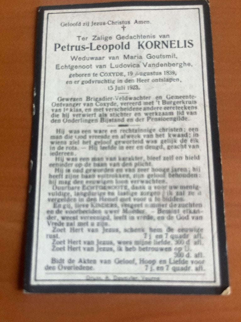P. Kornelis-brigadier/veldwachter  1839 Coxyde + 1923, Verzamelen, Ophalen of Verzenden, Rouwkaart