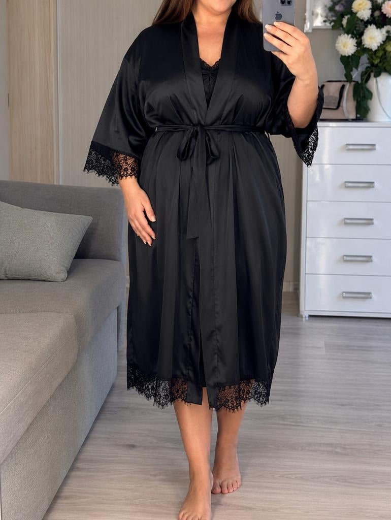 Kimono de luxe en satin avec dentelle • 4XL/EU48 • Nouvea, Exclusive, Enlèvement ou Envoi, Noir, Peignoir