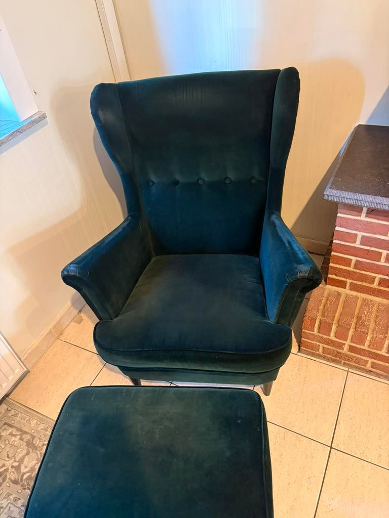 Fauteuil + repose pieds, Autres couleurs, Vert foncé, style velours, Enlèvement, Utilisé