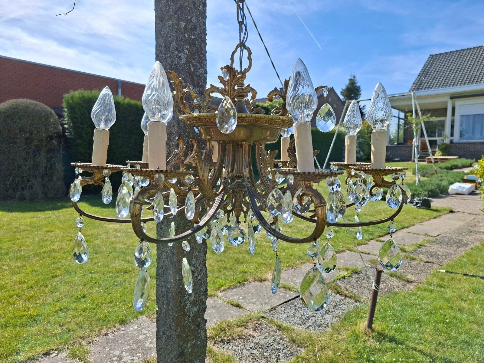 Beau lustre lourd doré vintage antique/de luxe, Enlèvement, Comme neuf, Autres matériaux, Klassiek