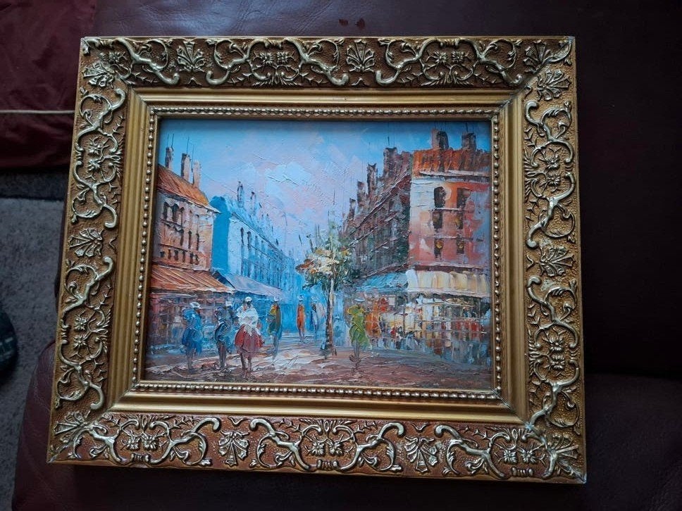 schilderij naar Burnett, Antiquités & Art, Peinture à l'huile, Panneau, Paysage urbain / rural, Enlèvement