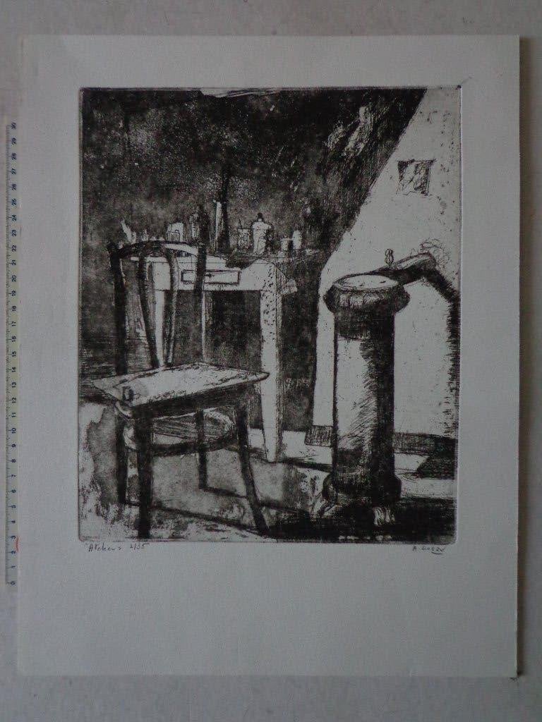 vroege ets van André Goezu "Atelier" kleine oplage, Antiek en Kunst, Dagelijks leven, Ophalen of Verzenden, 1950 - 1999, Genummerd