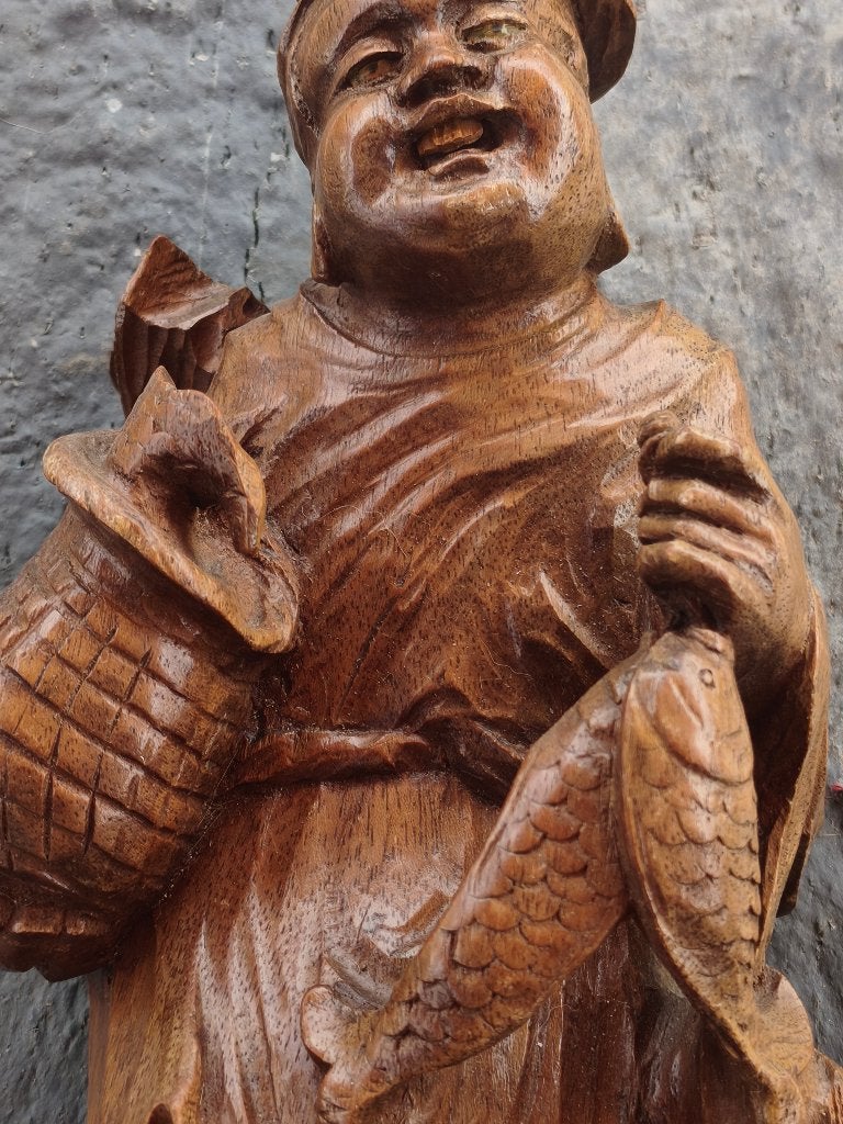 Grand pêcheur chinois en bois, Antiquités & Art, Bois, Enlèvement ou Envoi, Brun, Asie