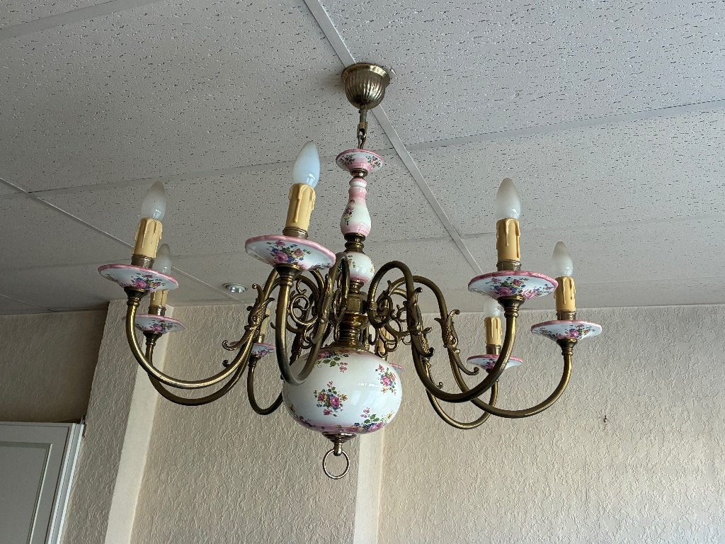 Grand lustre style flamand en porcelaine peinte à la main, Enlèvement, Utilisé, E14 (petit), Vintage style flamand