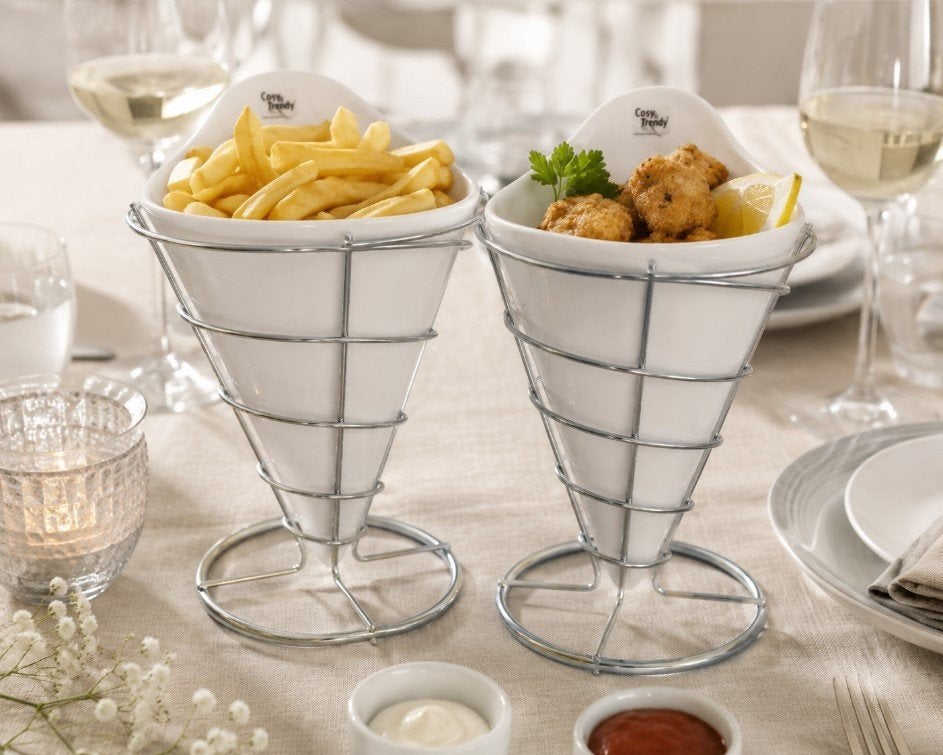 Cornet à frites en porcelaine dans support chromé (2 pièces), Enlèvement ou Envoi, Comme neuf, Autres types, Porcelaine