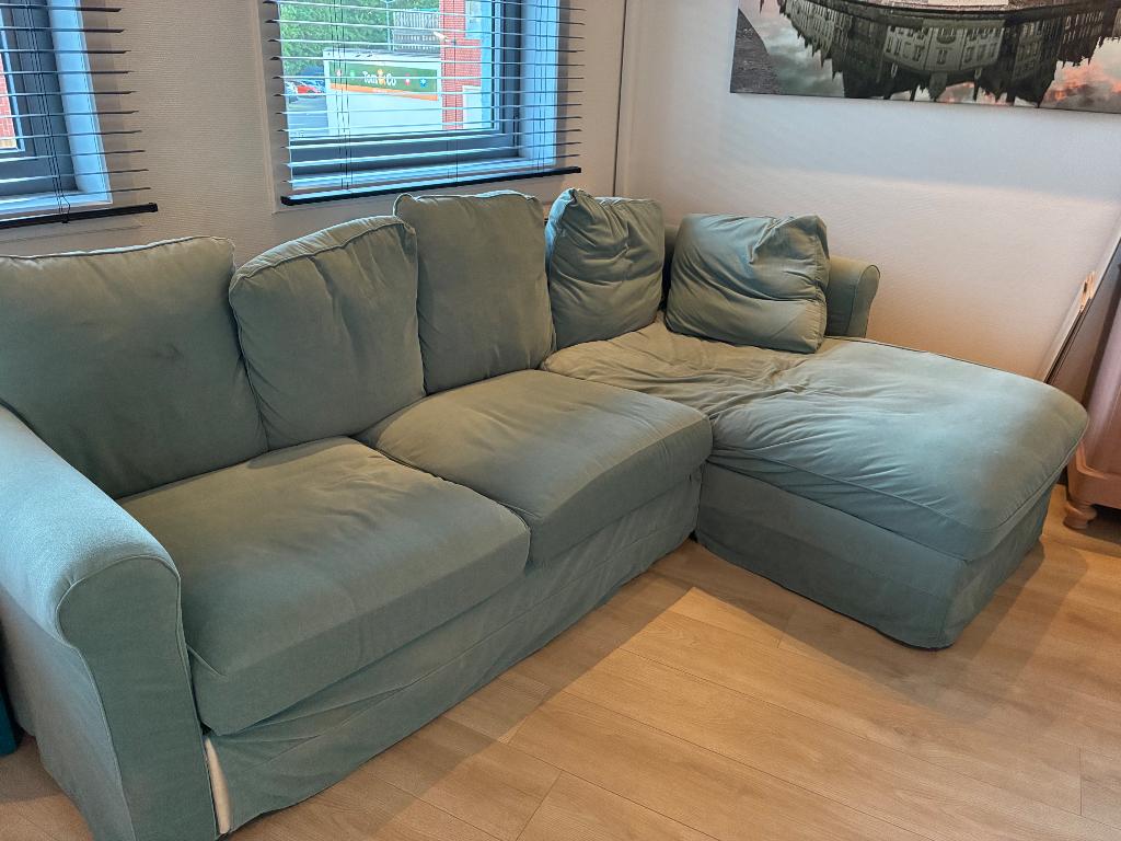 Grote cosy sofa met chaise longue en opbergruimte, Ophalen, 250 tot 300 cm, Gebruikt, Driepersoons