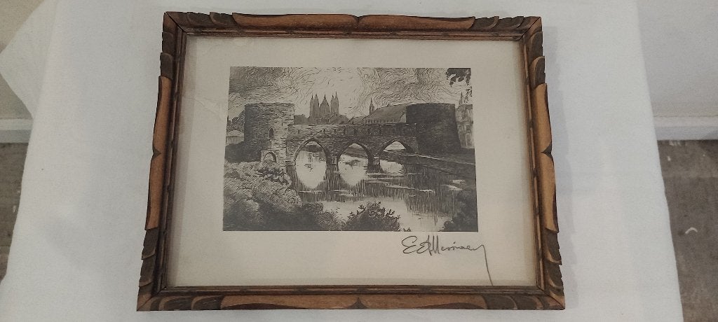 Gravure ancienne-Pont des Trous Tournai,Messiaen,26x20,n681, Antiquités & Art, Art | Eaux-fortes & Gravures, Gravure, Signé, Encadré