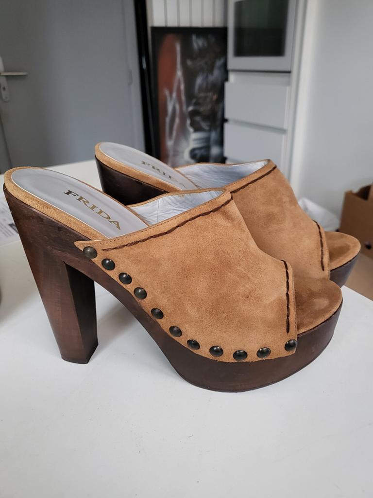 Damesschoen Suède klompjes met houten blokhak, Ophalen
