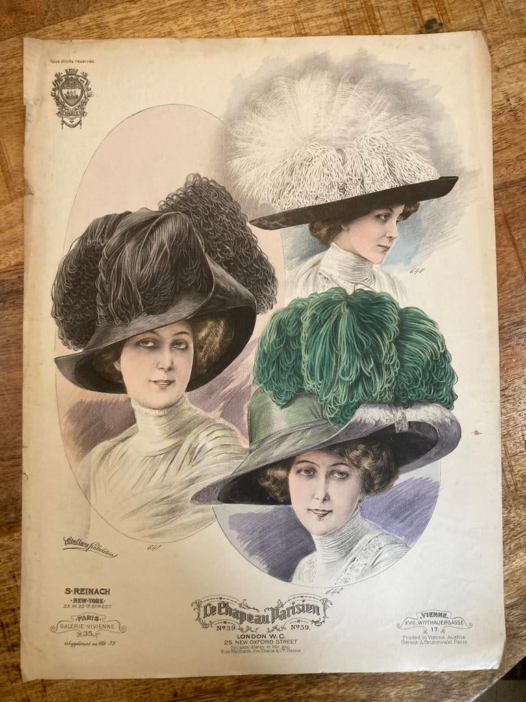 Originele antieke modeplaat – ca. 1910 “Le Chapeau Parisien”, Ophalen of Verzenden