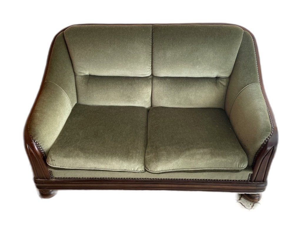 Canapé 2 pl. vintage velours vertSauge structure bois massif, 75 à 100 cm, 125 cm ou plus, Bois, Enlèvement