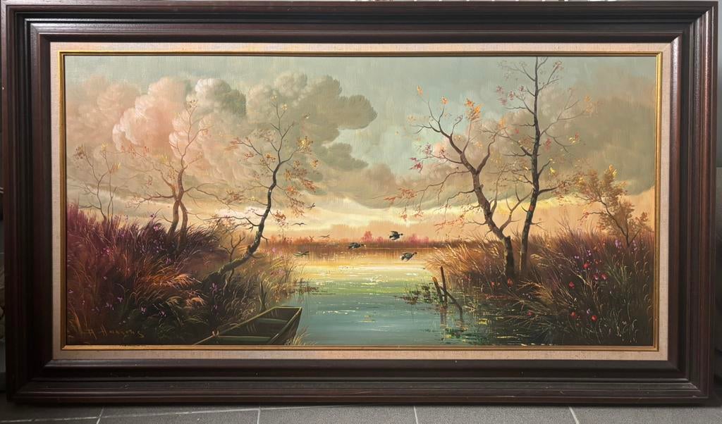 Panoramisch Rivierlandschap met Roeiboot, Antiek en Kunst, Kunst | Schilderijen | Klassiek, Ophalen