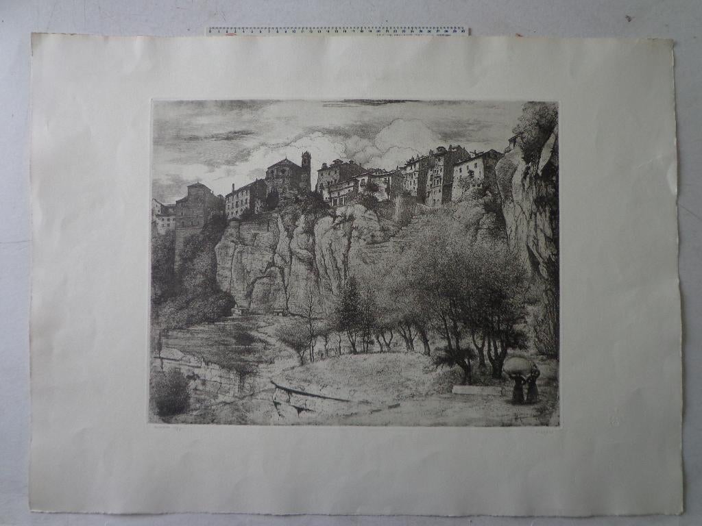 Monumentale ets van Jaak Gorus "Cuenca", Ophalen of Verzenden, Gesigneerd, Landschap, 1950 - 1999