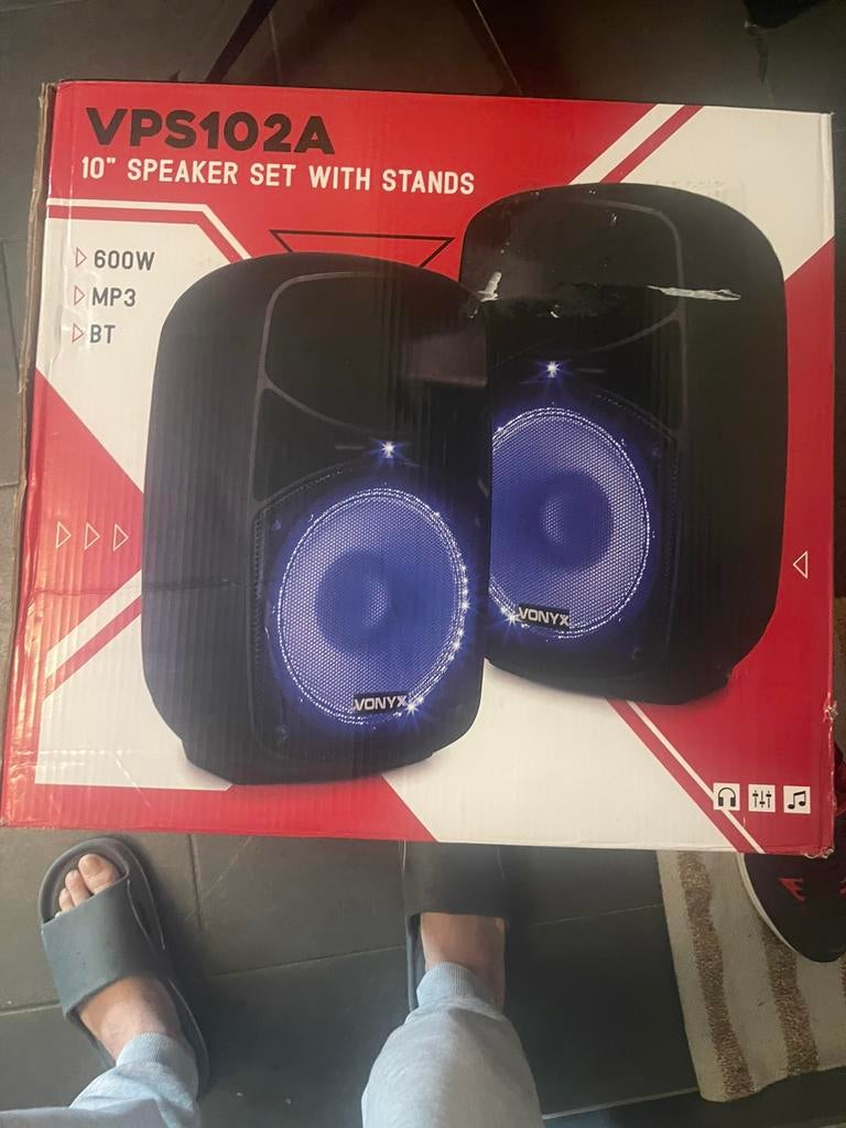 Vandaag 80€ 10” speakers set with stands te koop 600watt, Neuf, Autres marques, Ensemble surround complet, Enlèvement