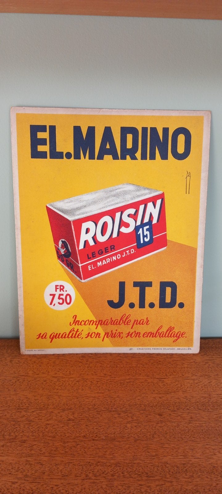 Oude kartonnen reclame voor Roisin El.Marino J.T.D., Verzamelen, Ophalen of Verzenden, Gebruikt, Reclamebord