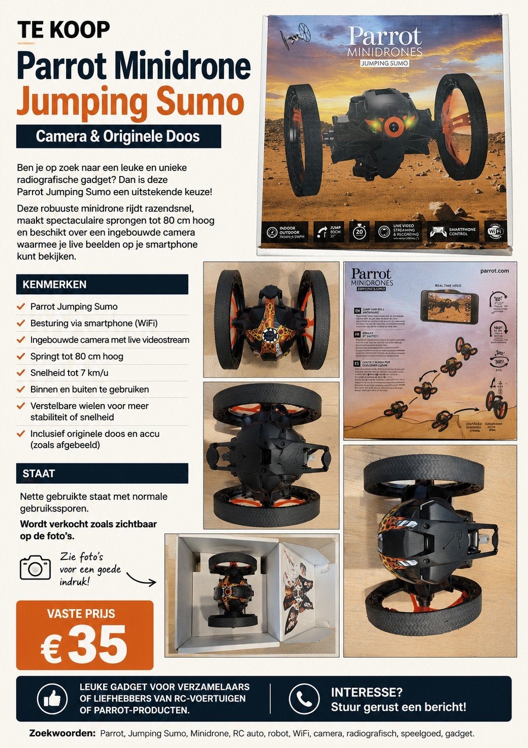 Parrot Minidrone Jumping Sumo – Camera & Originele Doos, Ophalen