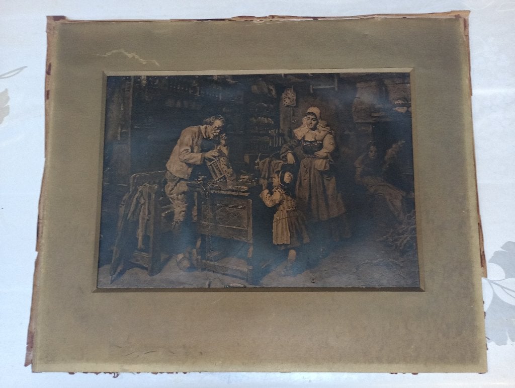Ancienne gravure scènes de genre horloger 53x44,B14, Enlèvement ou Envoi, Gravure, Encadré