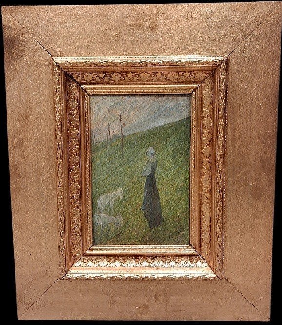 Alois de Laet « fille aux chèvres »., Enlèvement ou Envoi, Peinture à l'huile, Animaux, Panneau