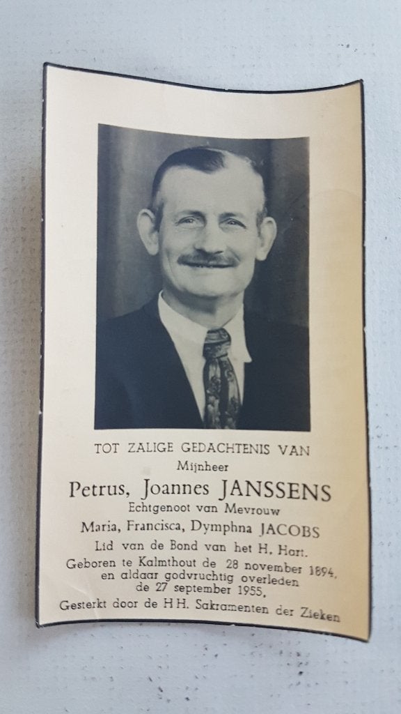 DP Petrus Joannes Janssens (x Maria Jacobs ) Kalmthout, Ophalen of Verzenden, Rouwkaart