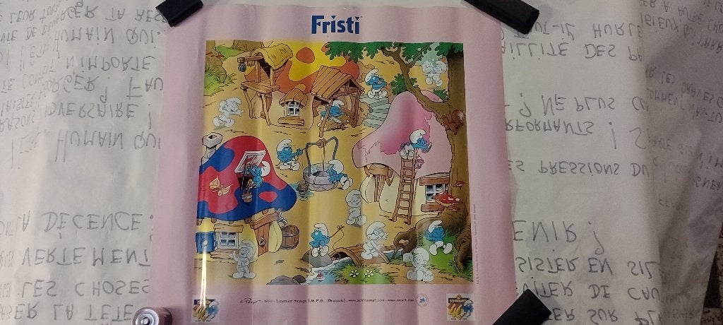 Fristi Smurfs Peyo 1998 Reclameposter 48x46, Verzamelen, Ophalen of Verzenden, Gebruikt