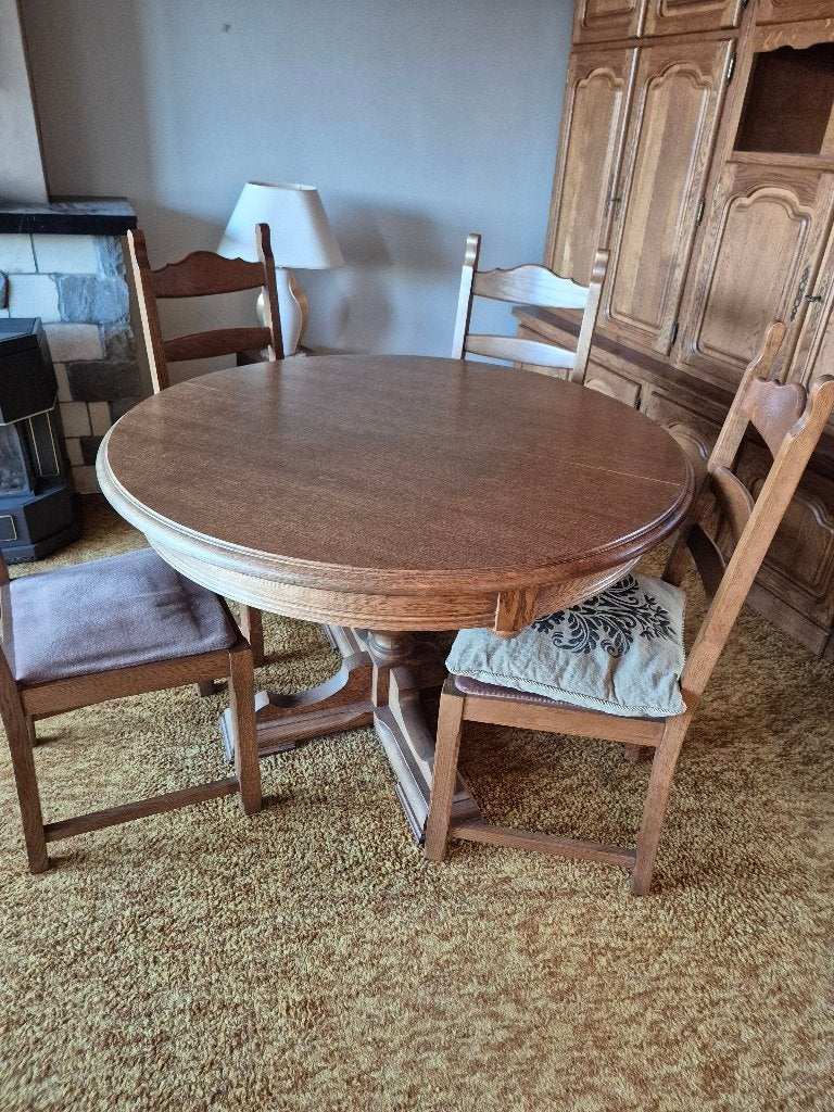 Table à rallonge ronde en chêne massif avec 4 chaises, Enlèvement