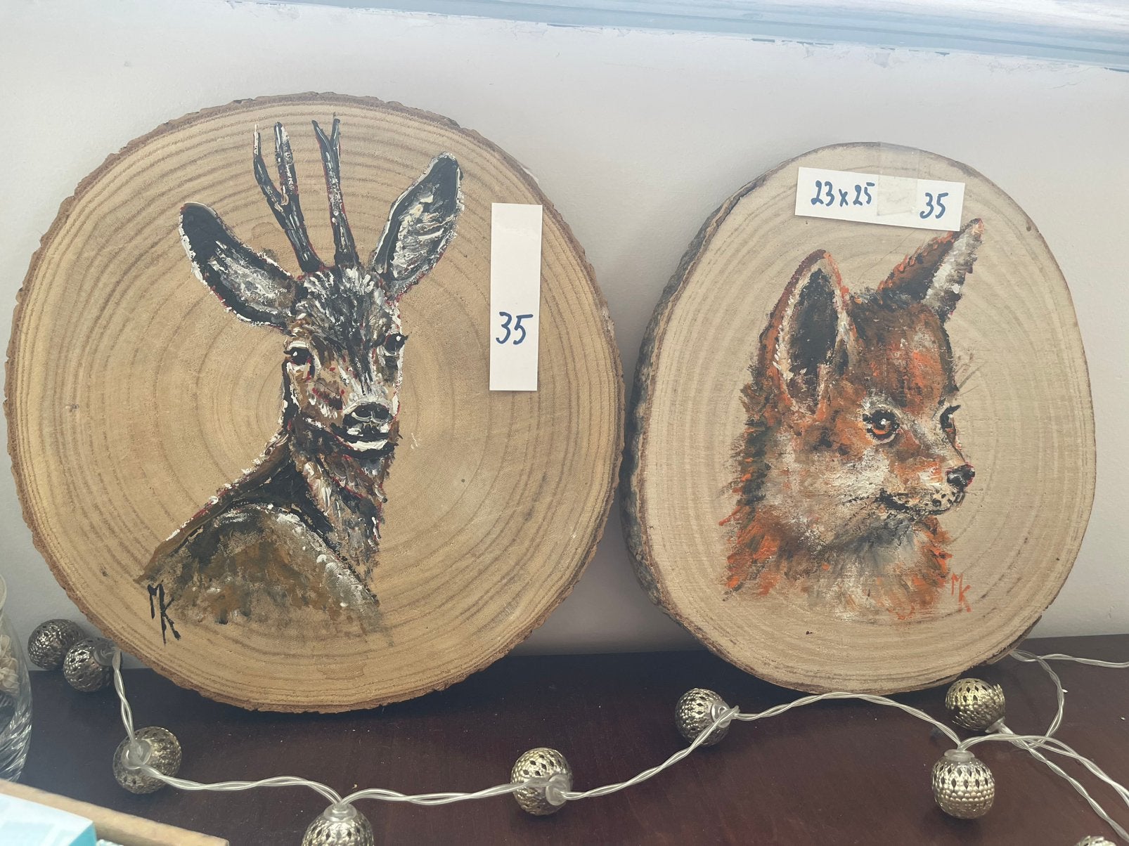 Peintures, animaux sur disques d'arbres - Mk Art, Antiquités & Art, Peint à la main, Bois, Enlèvement ou Envoi, Peinture acrylique