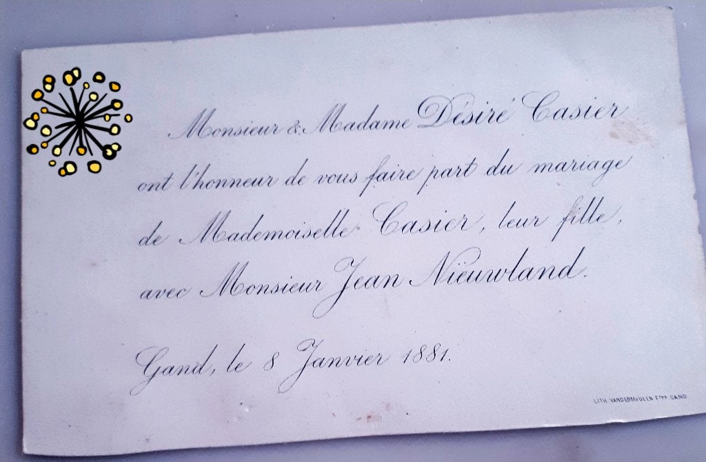 Faire-part de mariage rare GAND 1881 J.NIEUWLAND-CASIER, Enlèvement ou Envoi, Avant 1970, Carte de visite