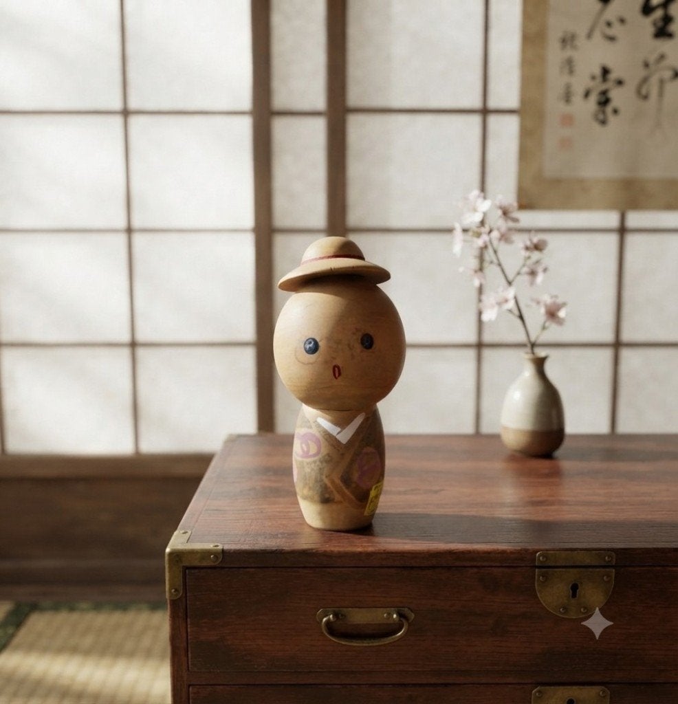 Joli kokeshi vintage, Fait main, Japon, Bois, 9 cm