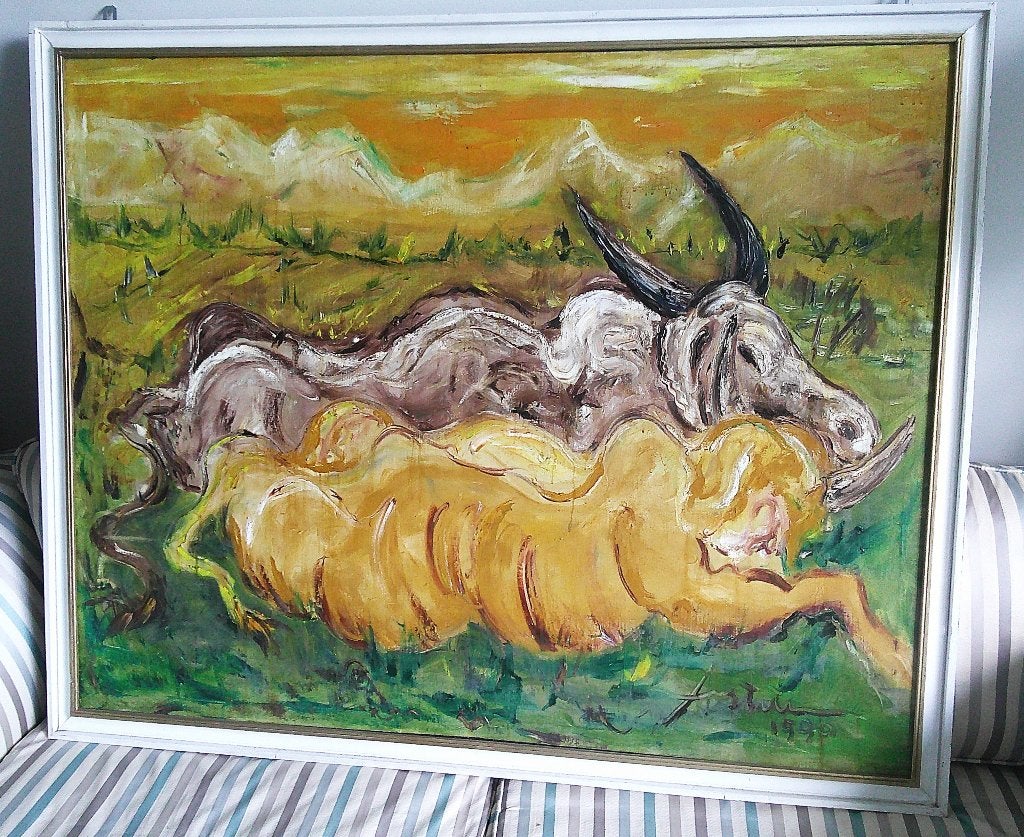 2 ossen in weiland 1990 - Astuti Kusumo geb.1970 Indonesië, Antiek en Kunst, Kunst | Schilderijen | Klassiek, Ophalen, Doek, Expressionistisch