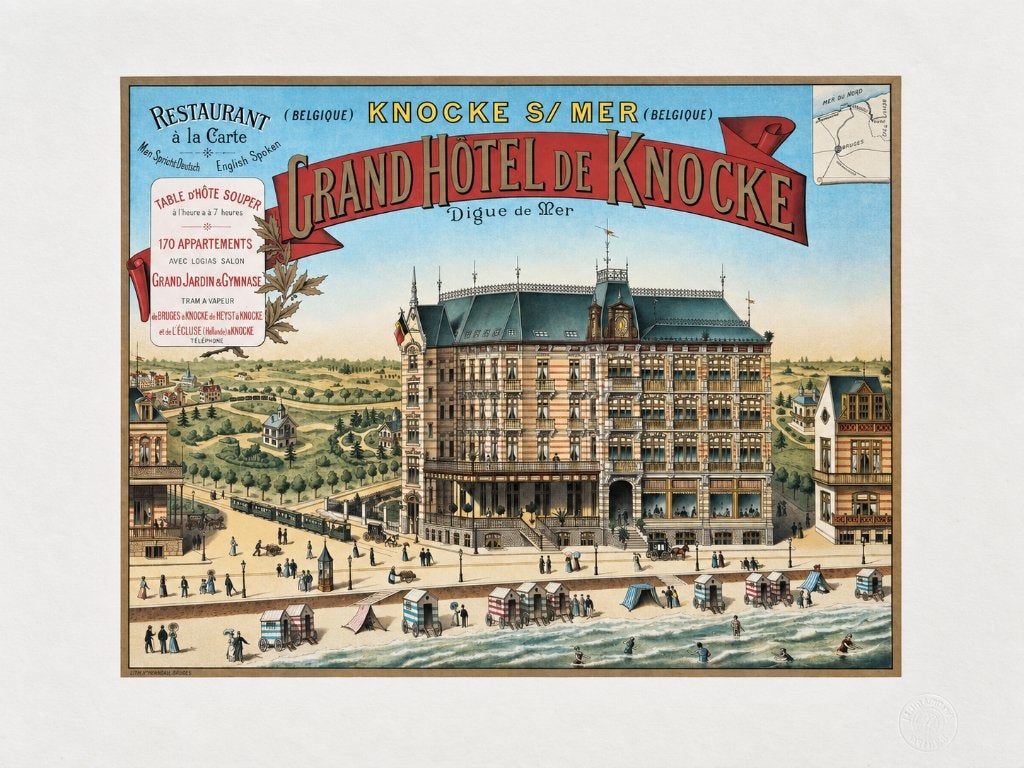 Vintage affiche Grand Hôtel de Knocke, Knokke vintage poster, Rechthoekig Liggend, Ophalen of Verzenden, Zo goed als nieuw, A1 t/m A3