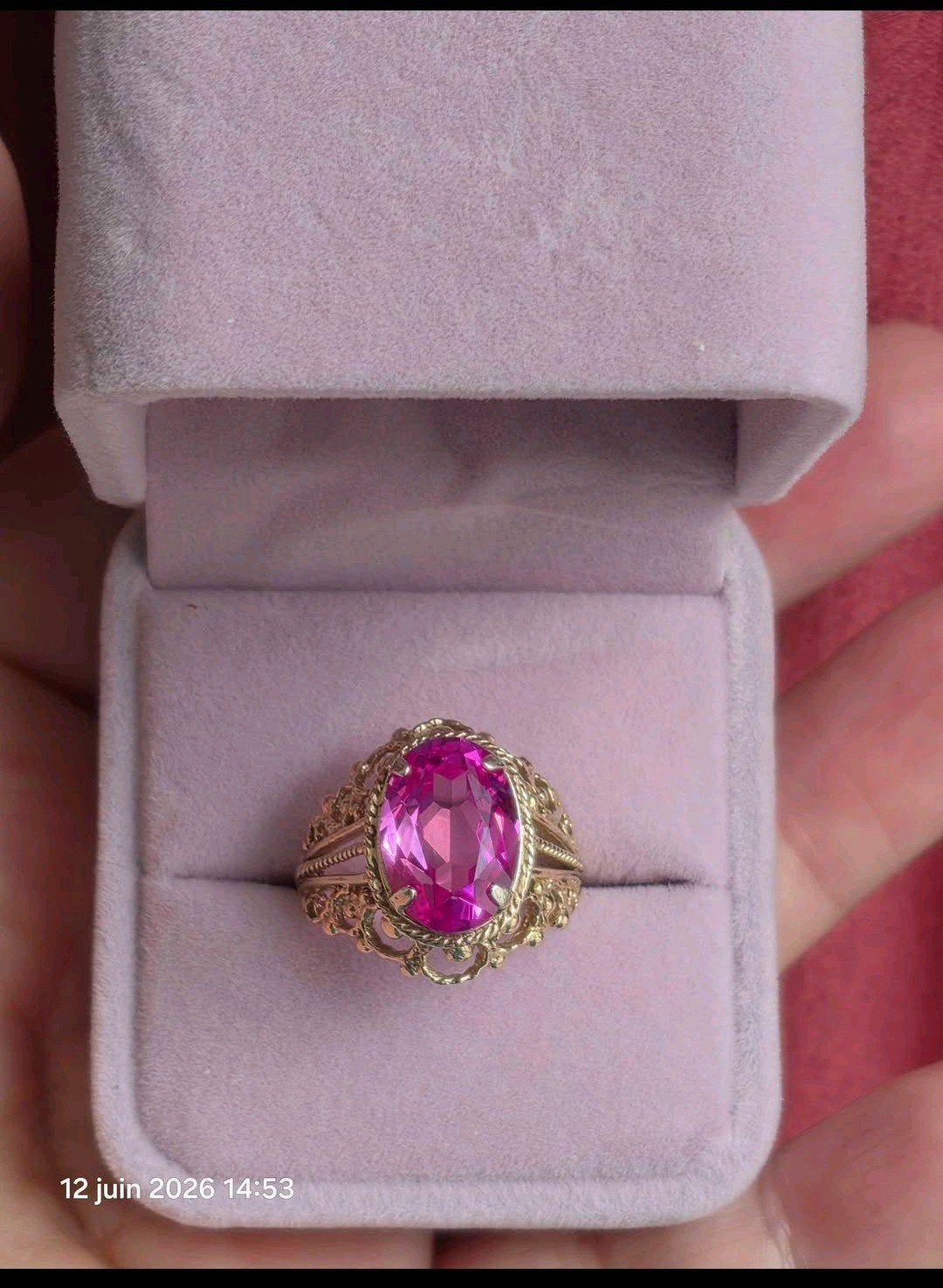 Belle bague en argent massif plaqué or avec saphir rose, Jaune, Comme neuf, Enlèvement, Argent
