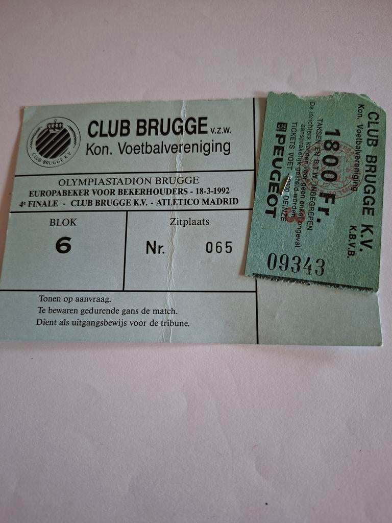 Ticket club brugge - atletico madrid 1992, Ophalen of Verzenden